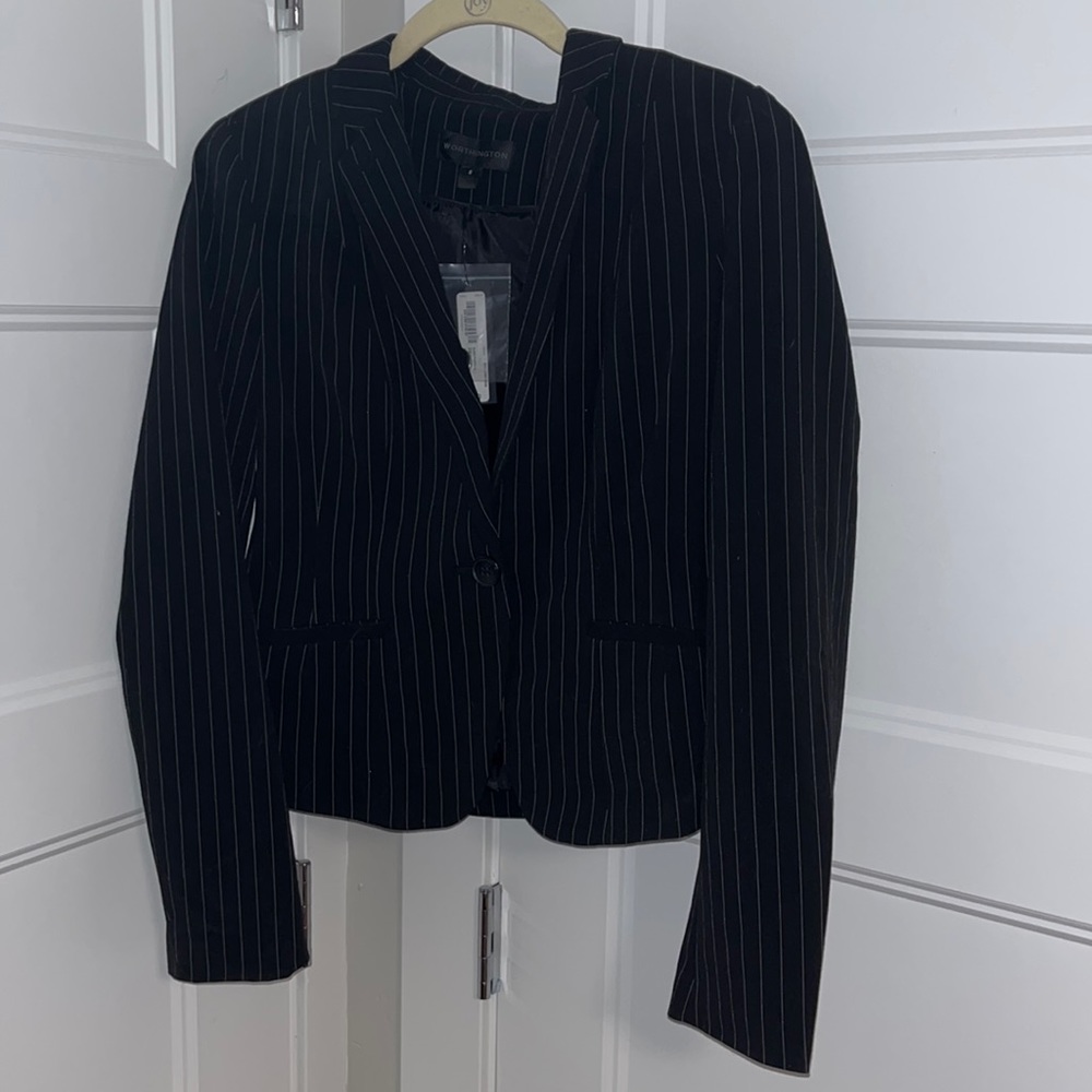 Black pinstripe suit jacket in size small with tags